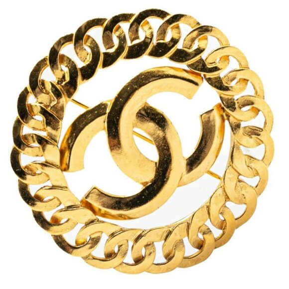 CHANEL CC Logo Chain Link Circle Round Brooch Gold Tone Pin 96P Auth w/Box #4667 - Picture 1 of 5